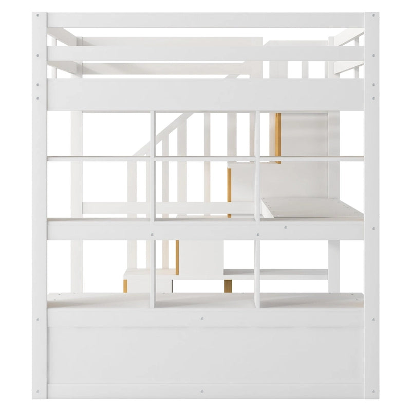 Lit mezzanine blanc en bois massif pleine grandeur avec bureau, étagères et tiroirs