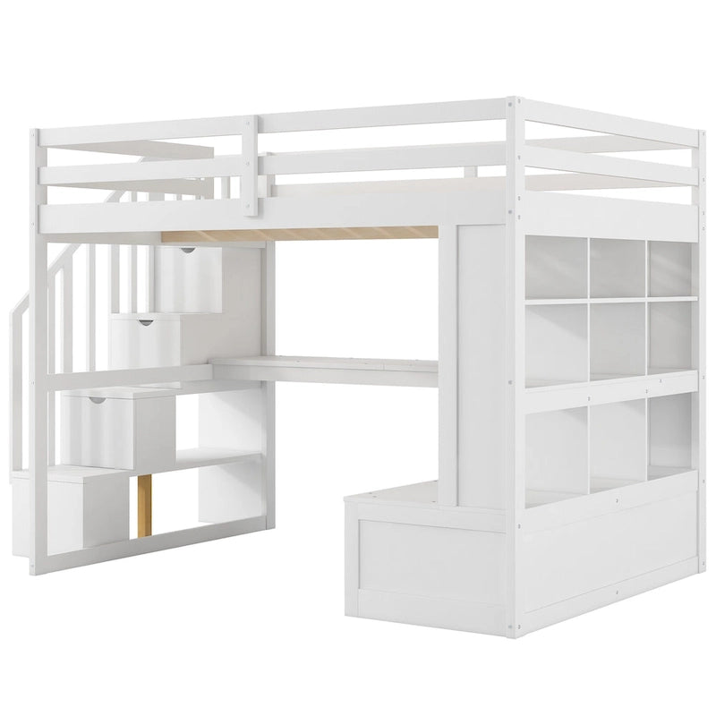 Lit mezzanine blanc en bois massif pleine grandeur avec bureau, étagères et tiroirs