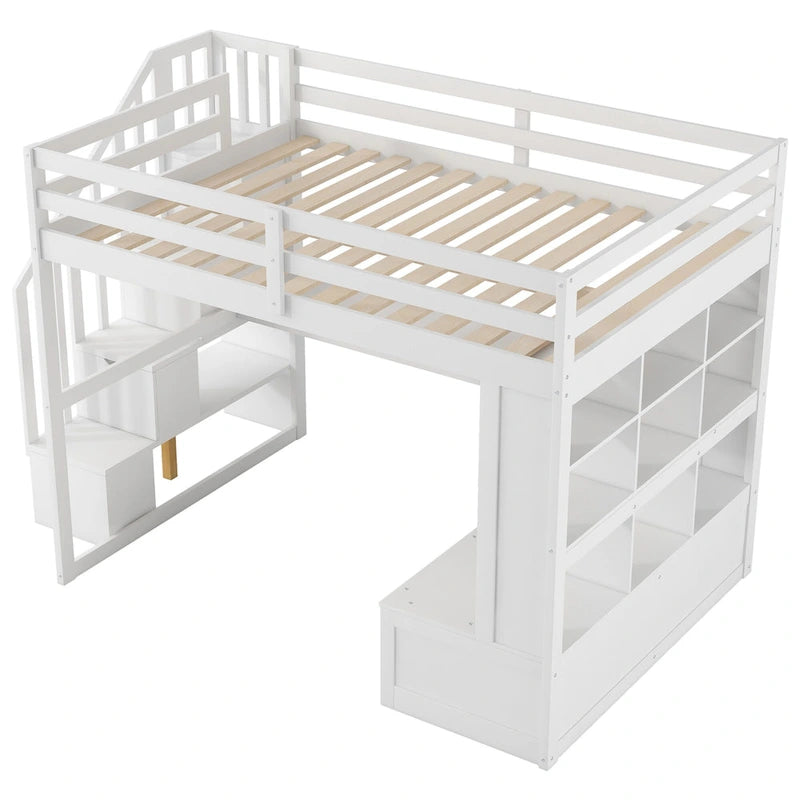 Lit mezzanine blanc en bois massif pleine grandeur avec bureau, étagères et tiroirs
