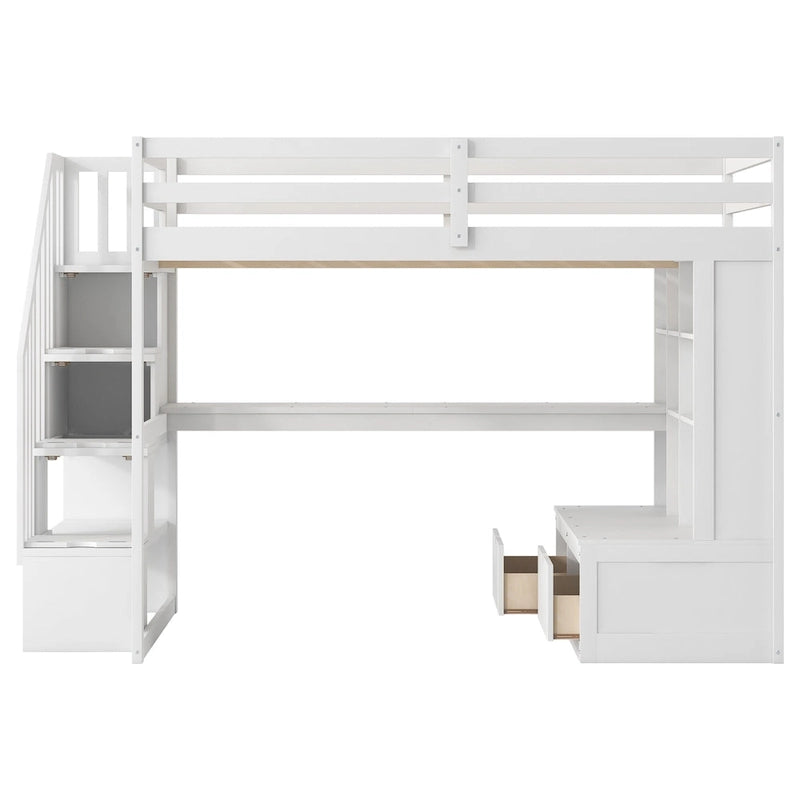 Lit mezzanine blanc en bois massif pleine grandeur avec bureau, étagères et tiroirs