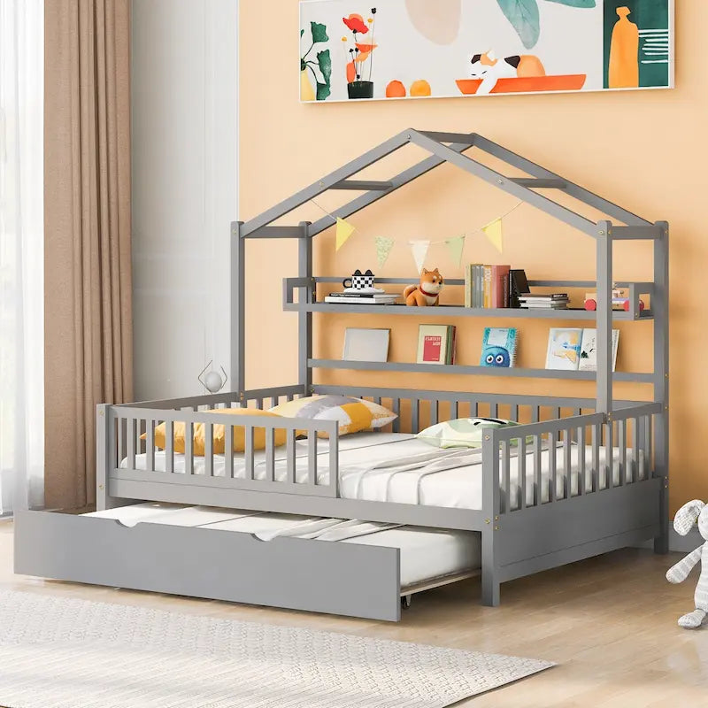 Lit cabane en bois massif avec lit gigogne double