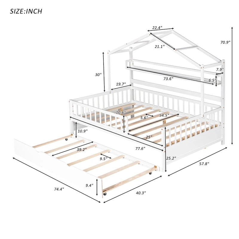 Lit cabane en bois massif avec lit gigogne double