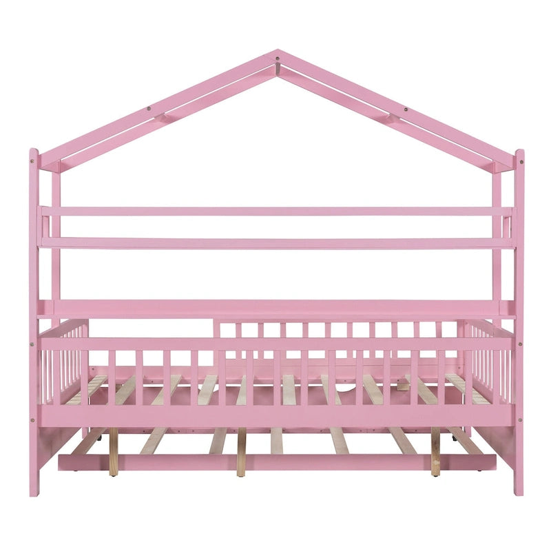 Lit cabane en bois massif avec lit gigogne double