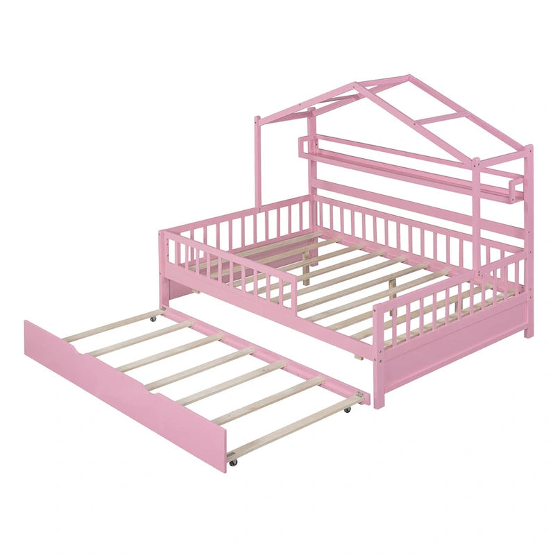Lit cabane en bois massif avec lit gigogne double
