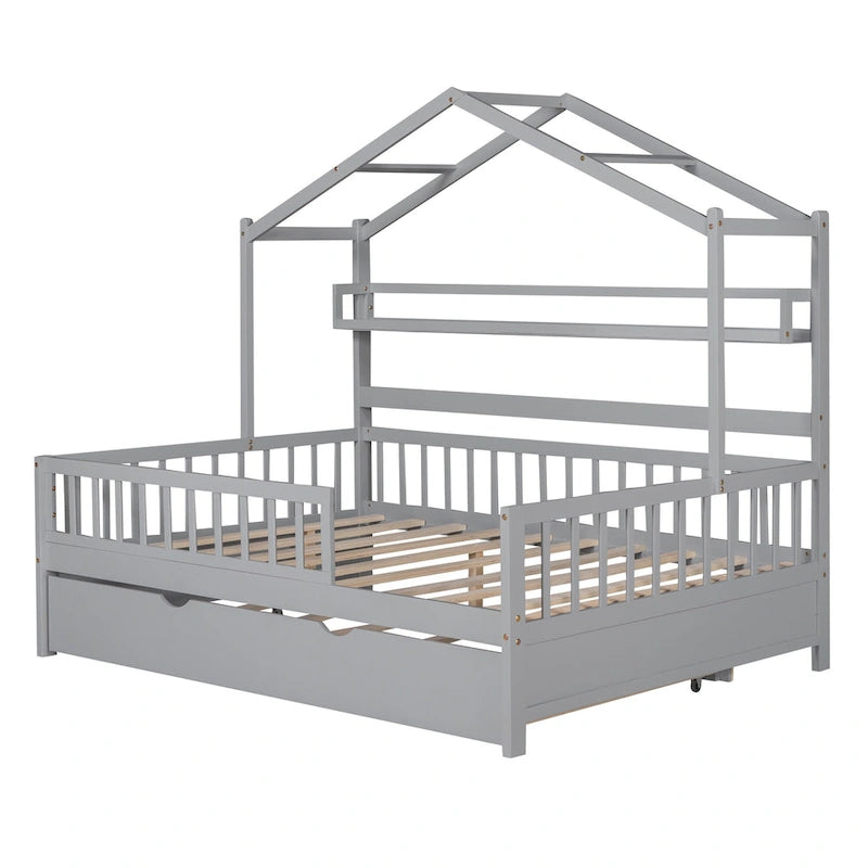 Lit cabane en bois massif avec lit gigogne double