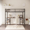 Lit mezzanine double en métal avec table, étagères, garde-corps et échelles