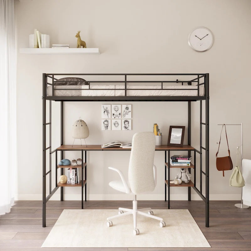 Lit mezzanine double en métal avec table, étagères, garde-corps et échelles