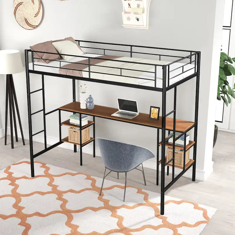 Lit mezzanine double en métal avec table, étagères, garde-corps et échelles