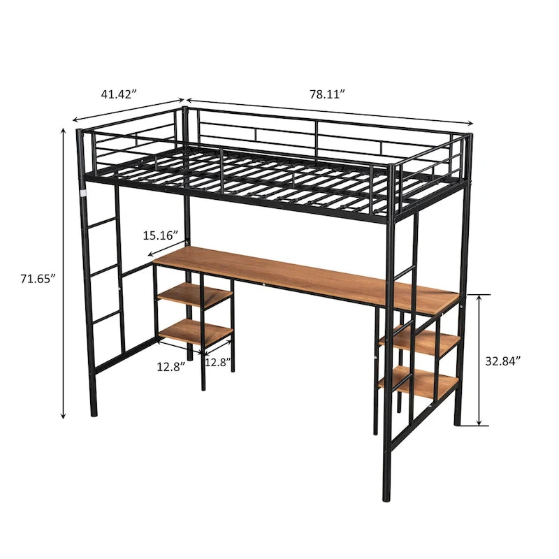 Lit mezzanine double en métal avec table, étagères, garde-corps et échelles