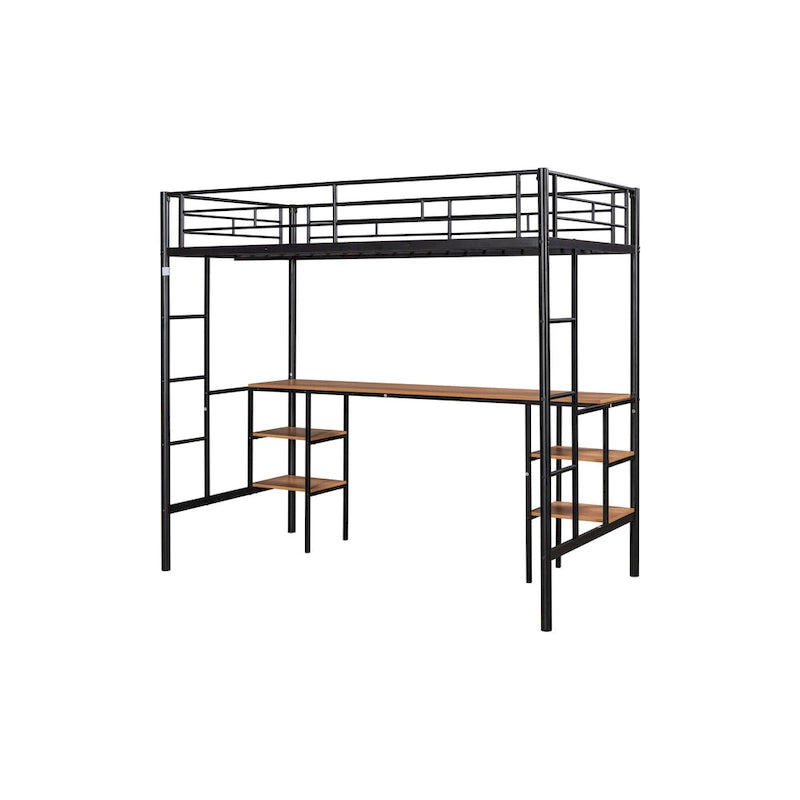 Lit mezzanine double en métal avec table, étagères, garde-corps et échelles