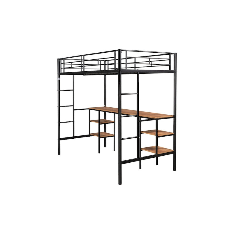 Lit mezzanine double en métal avec table, étagères, garde-corps et échelles
