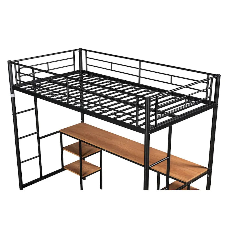 Lit mezzanine double en métal avec table, étagères, garde-corps et échelles