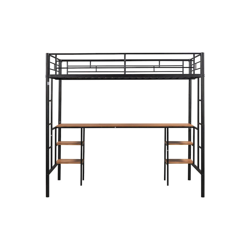 Lit mezzanine double en métal avec table, étagères, garde-corps et échelles