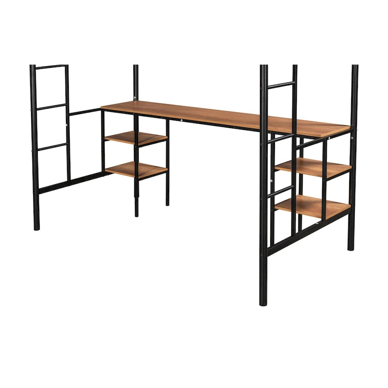Lit mezzanine double en métal avec table, étagères, garde-corps et échelles