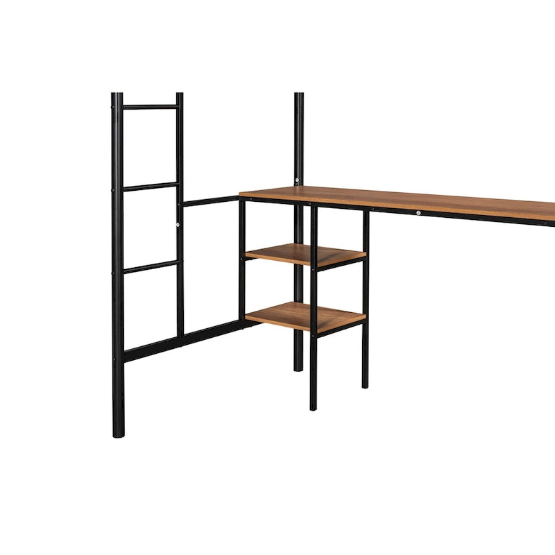 Lit mezzanine double en métal avec table, étagères, garde-corps et échelles