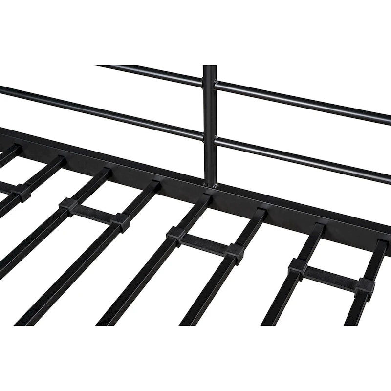 Lit mezzanine double en métal avec table, étagères, garde-corps et échelles