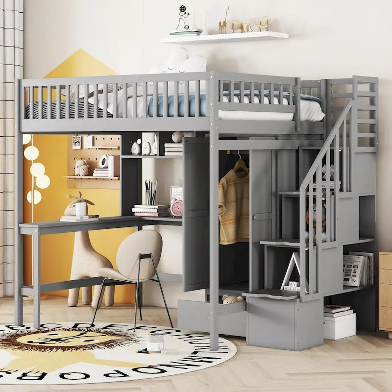 Lit mezzanine en pin avec bureau et rangements