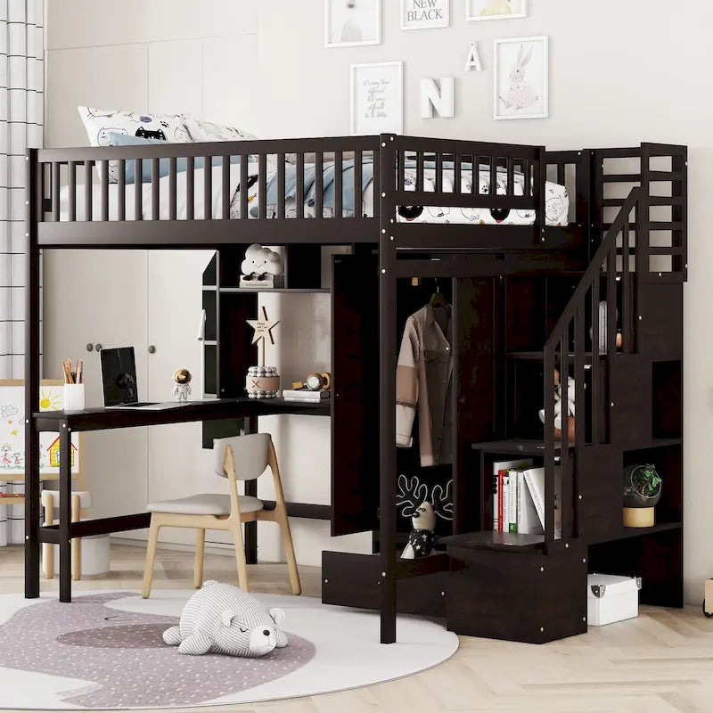 Lit mezzanine en pin avec bureau et rangements