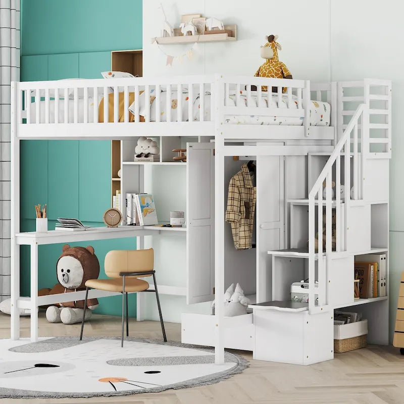 Lit mezzanine en pin avec bureau et rangements