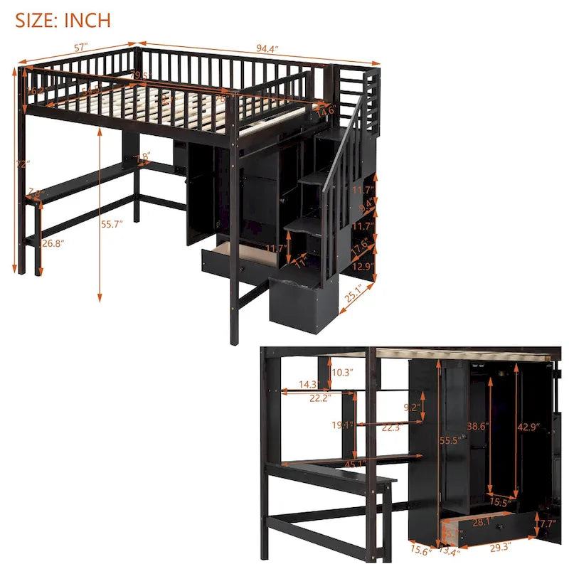Lit mezzanine en pin avec bureau et rangements