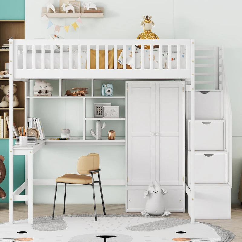 Lit mezzanine en pin avec bureau et rangements