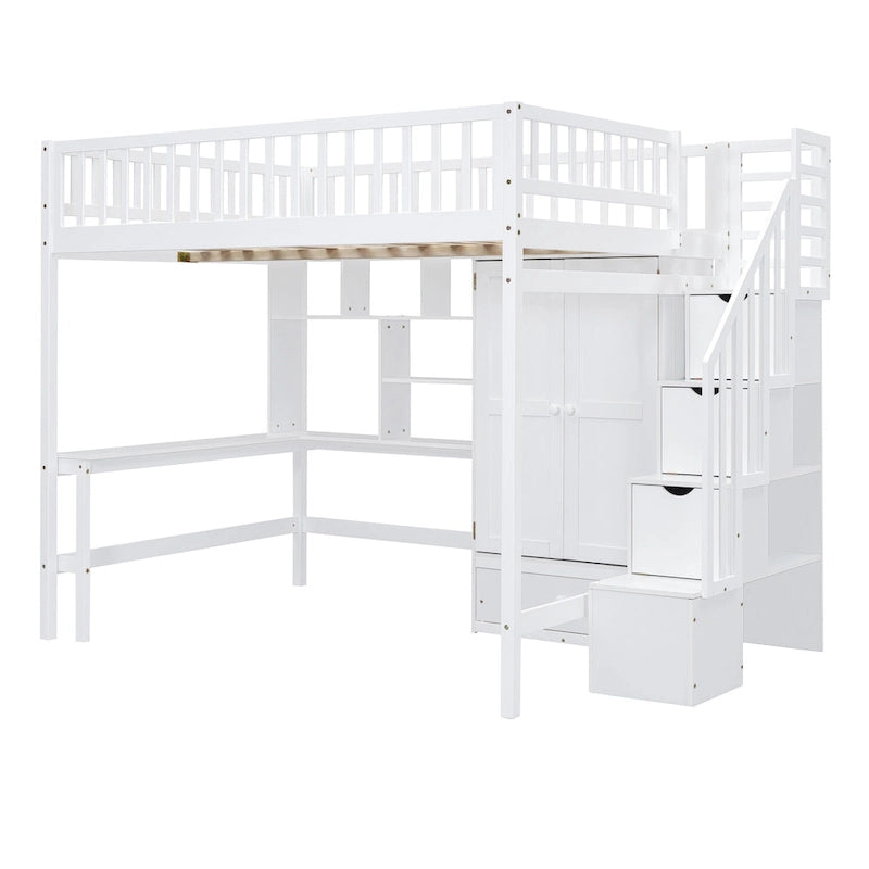 Lit mezzanine en pin avec bureau et rangements