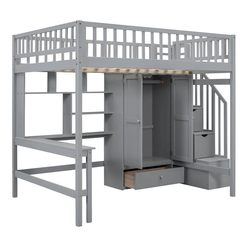 Lit mezzanine en pin avec bureau et rangements