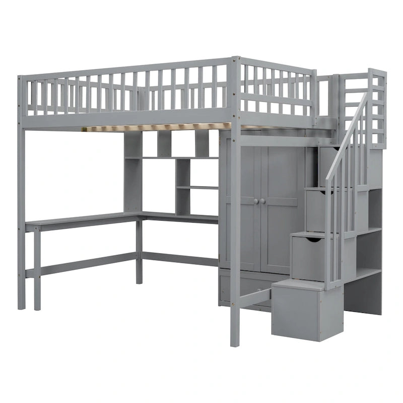 Lit mezzanine en pin avec bureau et rangements