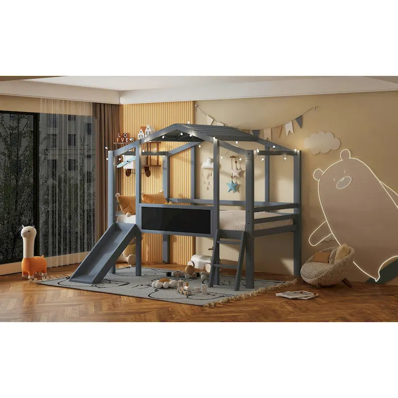 Lit de maisonnette surélevé double avec toboggan