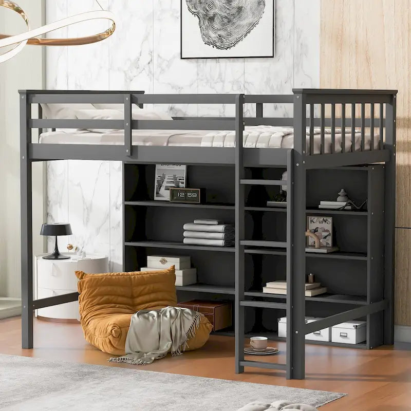 Lit mezzanine double avec étagère de rangement