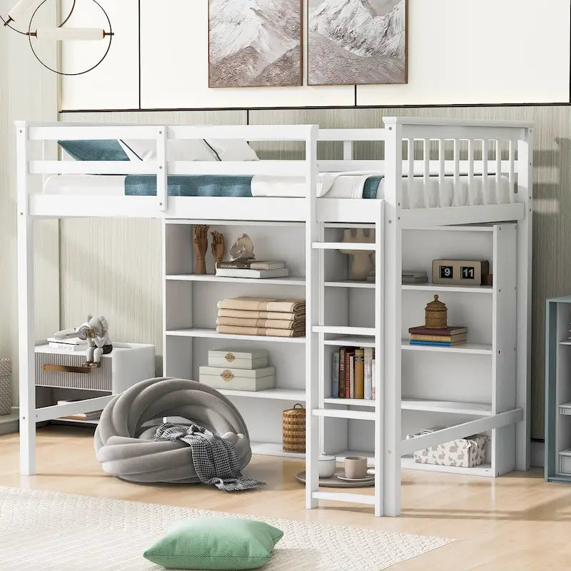 Lit mezzanine double avec étagère de rangement