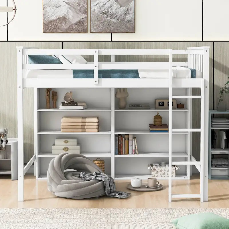 Lit mezzanine double avec étagère de rangement