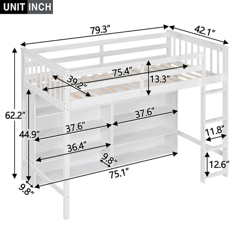Lit mezzanine double avec étagère de rangement