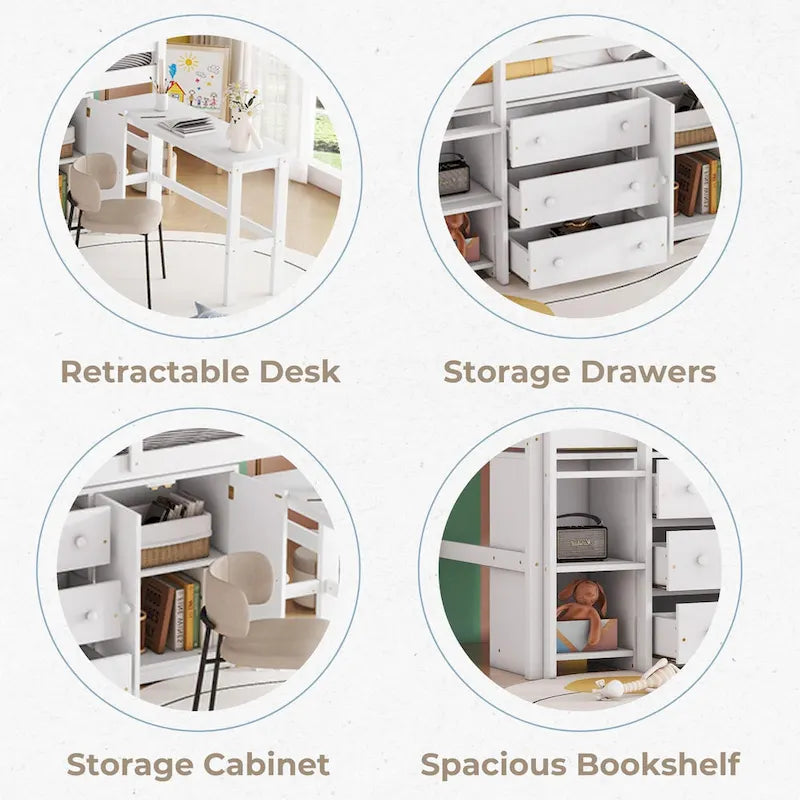 White Twin Wood Low Loft Bed with Pull-Out Desk & Drawers