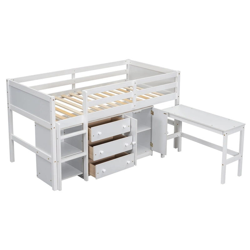 Lit mezzanine bas blanc en bois avec bureau coulissant et tiroirs
