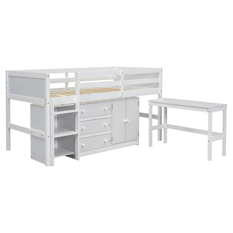 Lit mezzanine bas blanc en bois avec bureau coulissant et tiroirs