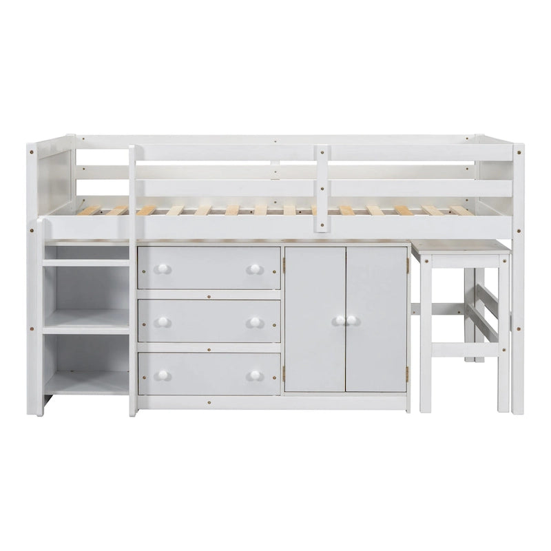 Lit mezzanine bas blanc en bois avec bureau coulissant et tiroirs