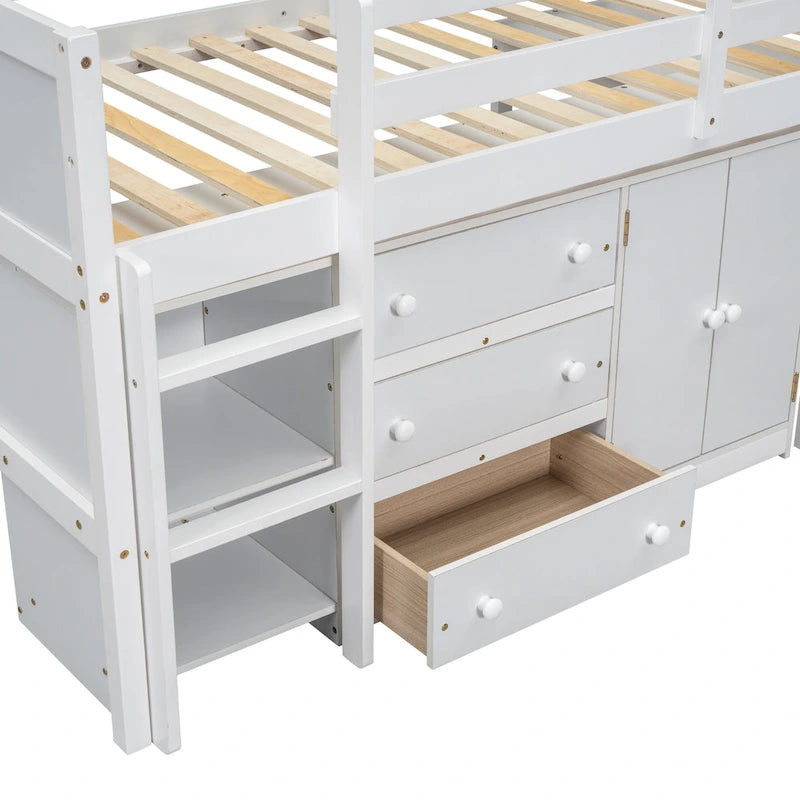 Lit mezzanine bas blanc en bois avec bureau coulissant et tiroirs
