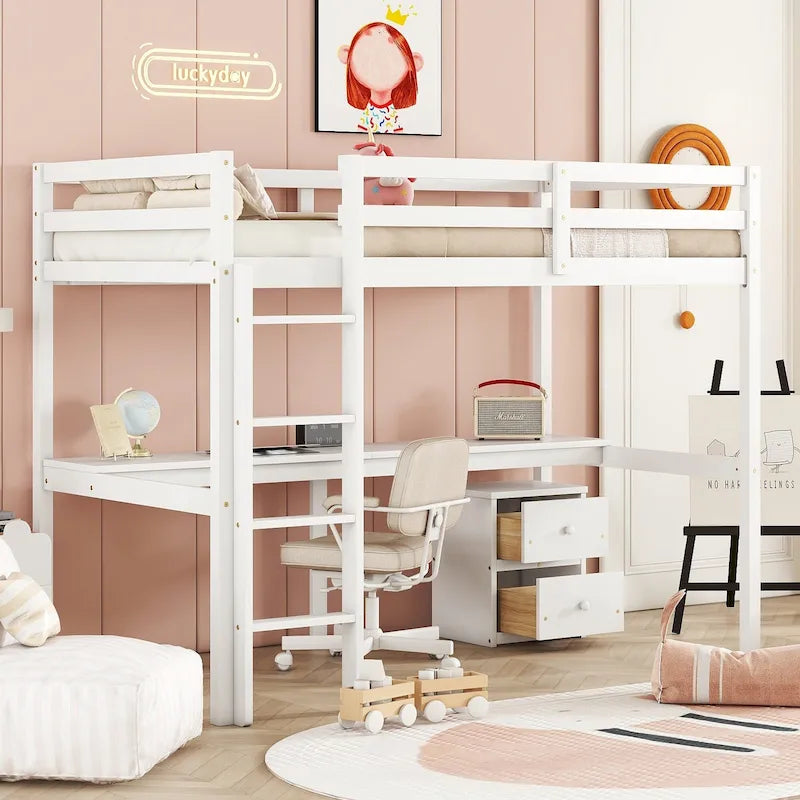 Lit mezzanine double blanc en bois avec bureau, rangements et barrières de sécurité