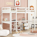 Lit mezzanine double blanc en bois avec bureau, rangements et barrières de sécurité