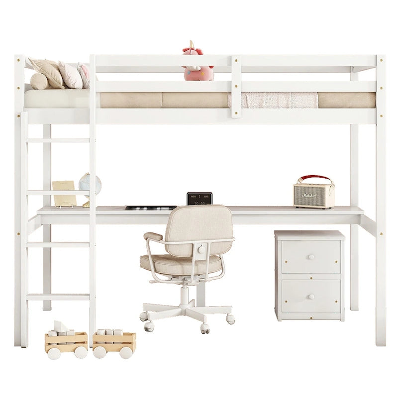 Lit mezzanine double blanc en bois avec bureau, rangements et barrières de sécurité