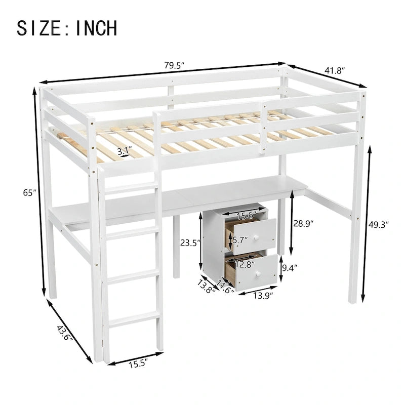 Lit mezzanine double blanc en bois avec bureau, rangements et barrières de sécurité