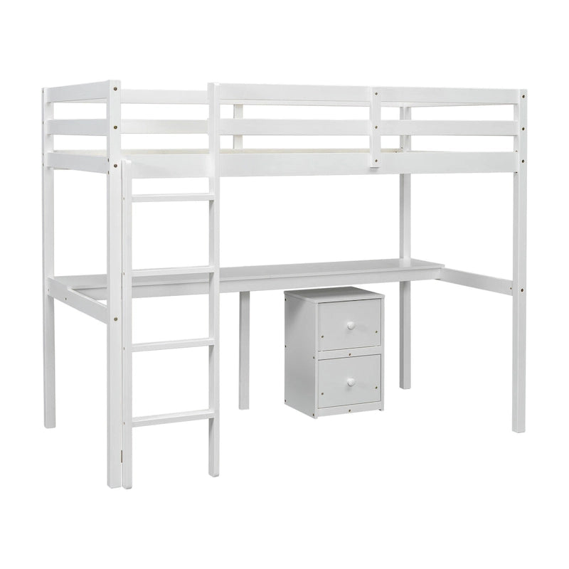 Lit mezzanine double blanc en bois avec bureau, rangements et barrières de sécurité