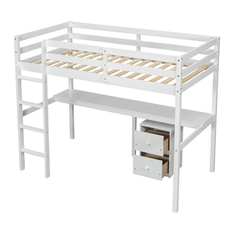 Lit mezzanine double blanc en bois avec bureau, rangements et barrières de sécurité