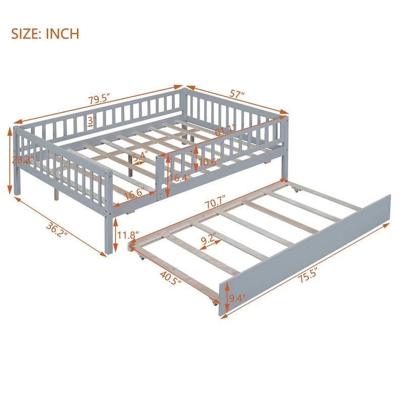 Lit de repos double en bois avec lit gigogne et barrière