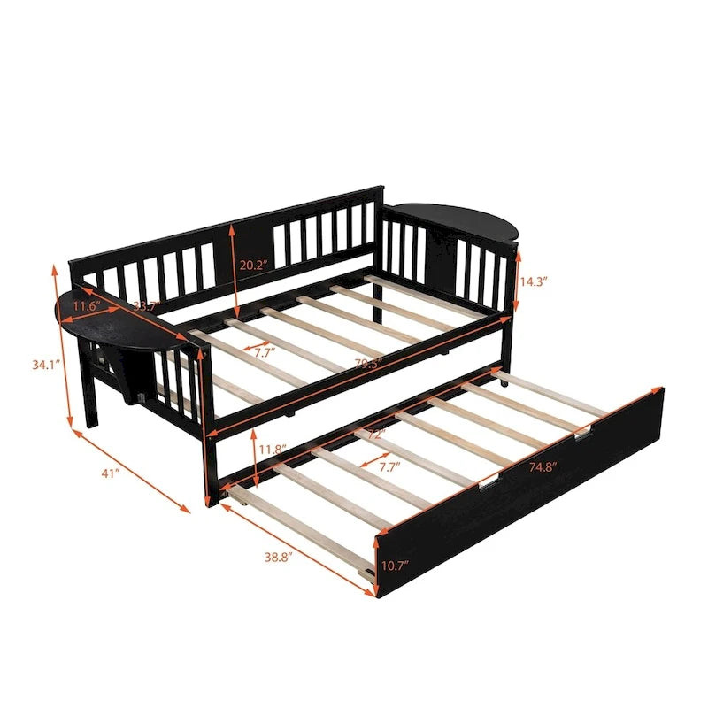 Lit de repos double en bois avec lit gigogne, canapé-lit pour chambre à coucher ou salon