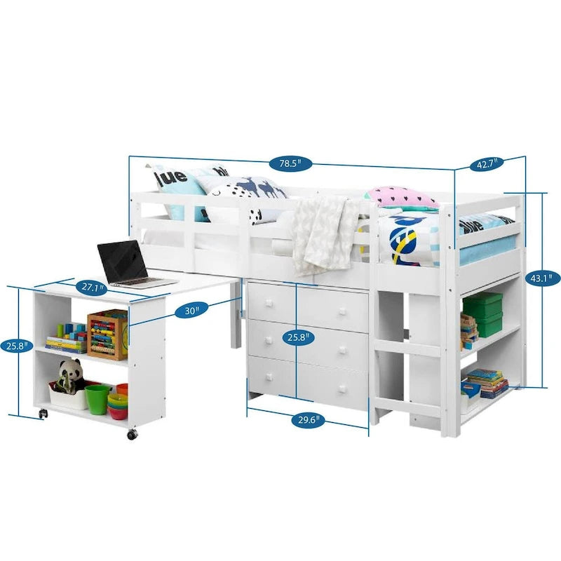 Lit mezzanine jumeau avec bureau, lit mezzanine jumeau bas pour enfants avec rangement, lit mezzanine en pin pour enfants, lit mezzanine jumeau avec armoire