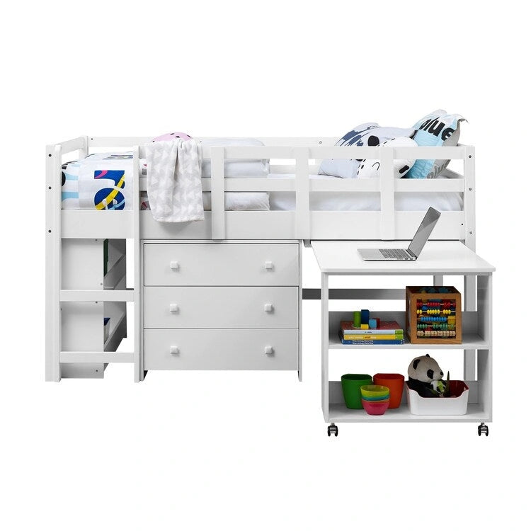 Lit mezzanine jumeau avec bureau, lit mezzanine jumeau bas pour enfants avec rangement, lit mezzanine en pin pour enfants, lit mezzanine jumeau avec armoire
