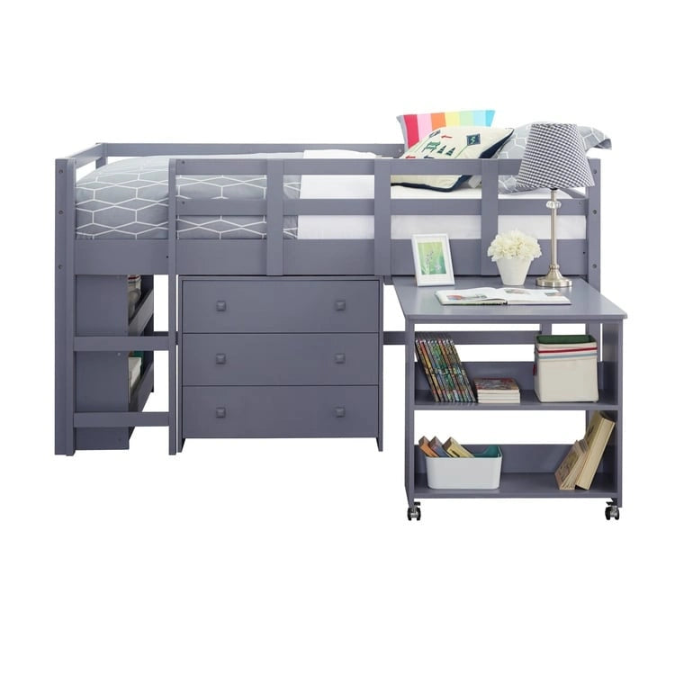 Lit mezzanine jumeau avec bureau, lit mezzanine jumeau bas pour enfants avec rangement, lit mezzanine en pin pour enfants, lit mezzanine jumeau avec armoire
