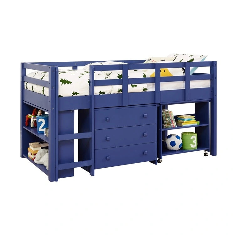 Lit mezzanine jumeau avec bureau, lit mezzanine jumeau bas pour enfants avec rangement, lit mezzanine en pin pour enfants, lit mezzanine jumeau avec armoire